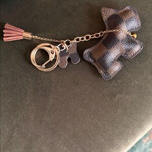 Designer-Inspired Navy and Brown Check Dog Charm Keychain with Pink Tassel